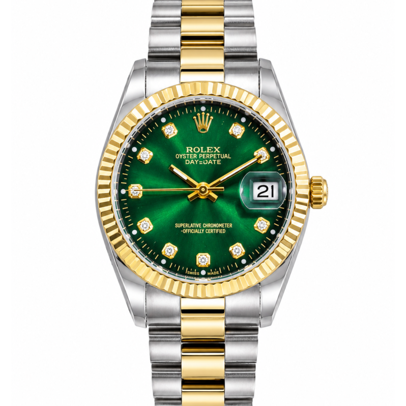 Luxury Day-Date Style Men’s Watch – Silver Bracelet, Black Dial & Fluted Bezel
