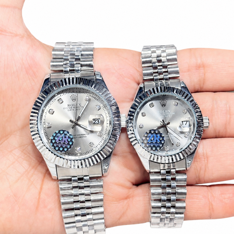 Luxury Silver Day-Date Style Men’s & Women’s Watch Set