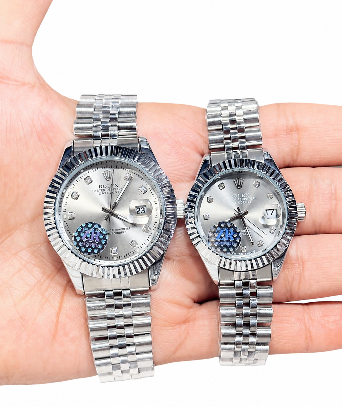 Luxury Silver Day-Date Style Men’s & Women’s Watch Set