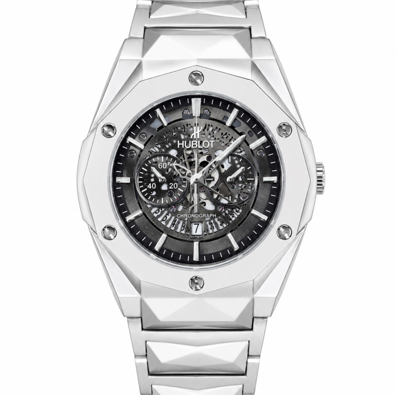 Luxury Chronograph Skeleton Men’s Watch – Black Metal Bracelet