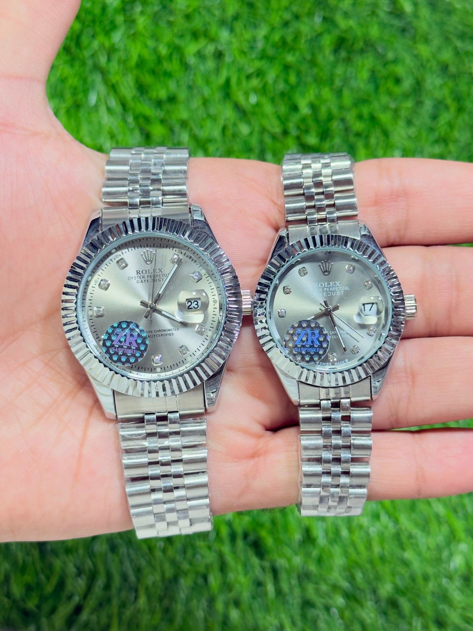Luxury Silver Day-Date Style Men’s & Women’s Watch Set - Image 2