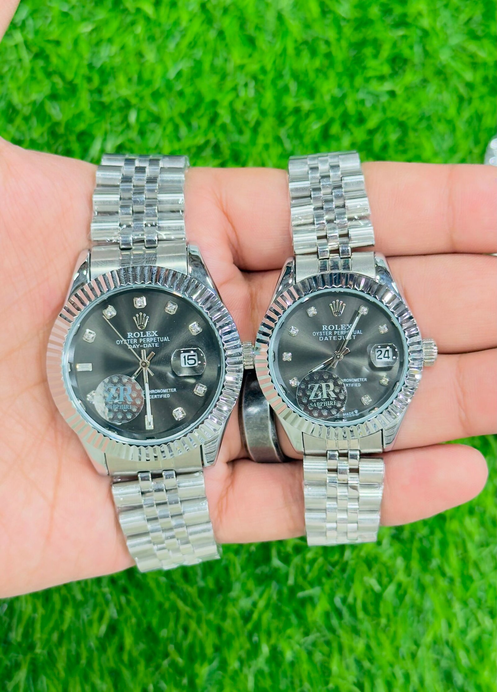 Luxury Silver Day-Date Style Men’s & Women’s Watch Set - Image 3