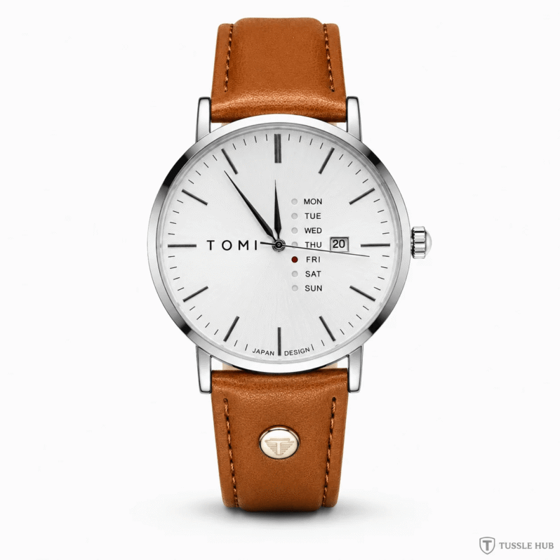 Classic Men’s Leather Watch – White Dial with Day & Date Display