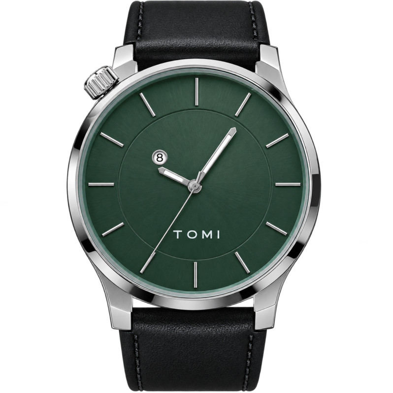 TOMI Minimalist Green Dial Leather Strap Watch