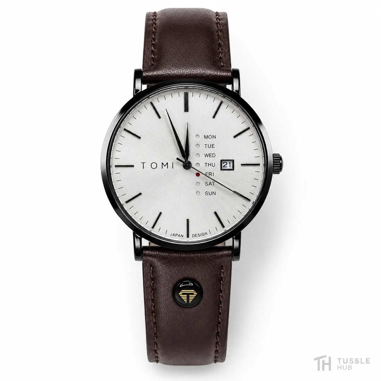 Classic Men’s Leather Watch – White Dial with Day & Date Display - Image 5