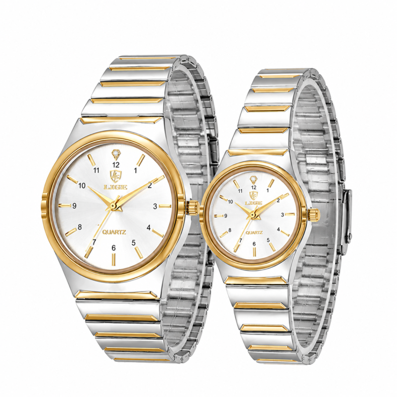 Men & Women Couple Two-Tone Stainless Steel Quartz Watches